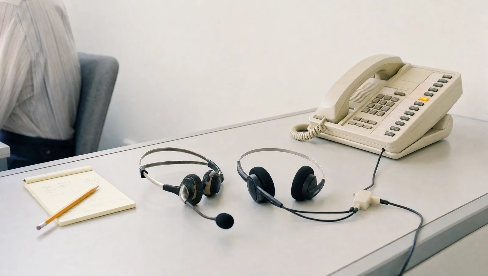 A 1980s desk telephone with two headsets connected through one splitter, one worn and one new, with a single amber line button lit.