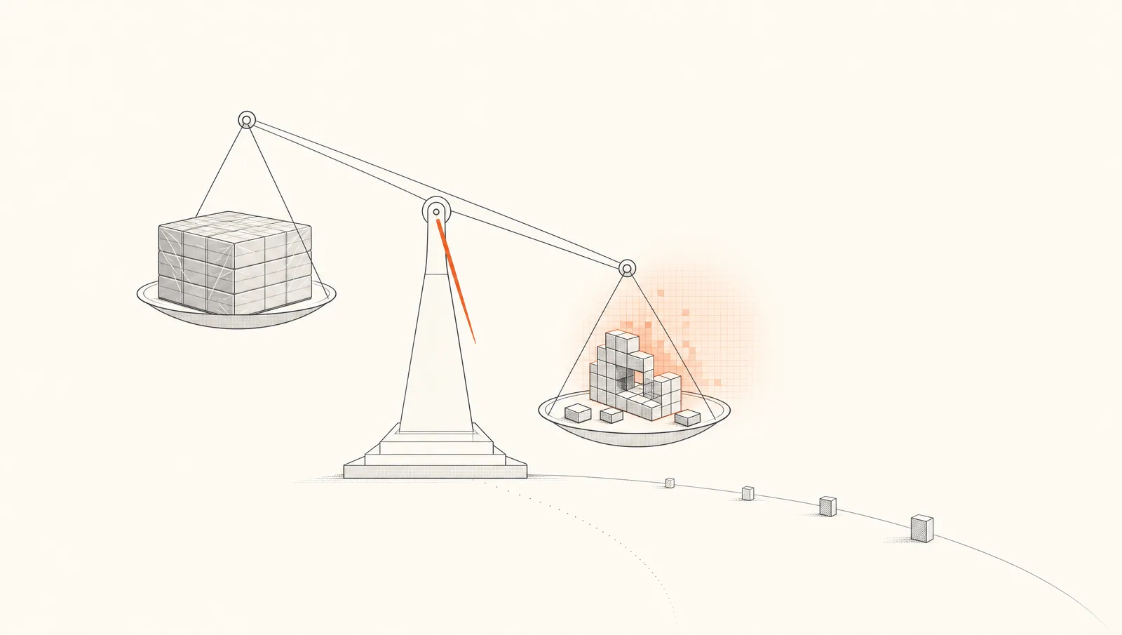 A line-drawn balance scale weighing a boxed pre-made software unit against a partly assembled stack of pixel blocks, with a faint timeline of five ticks below and an orange tipping pointer.