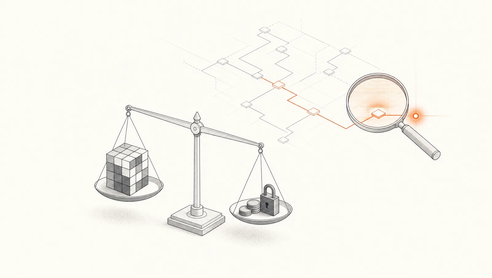 Una bilancia disegnata a tratto che soppesa una pila di blocchi di contenuto modulari contro monete e un lucchetto, con percorsi a griglia ramificati sullo sfondo e una lente d'ingrandimento su un percorso evidenziato in arancione.