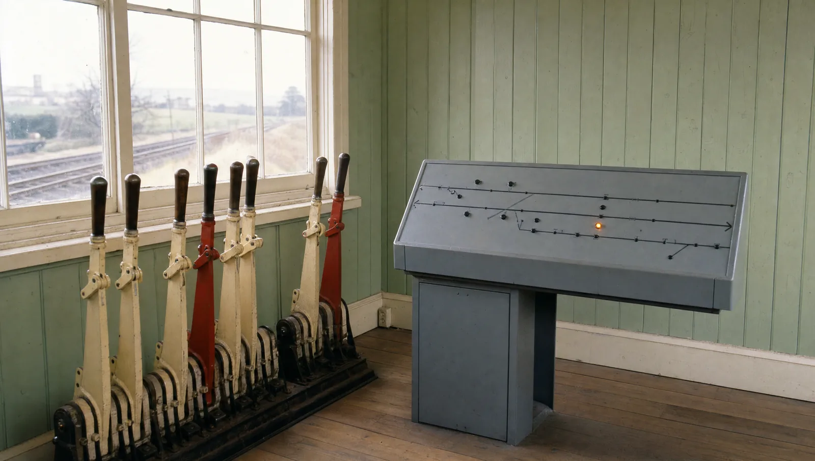 A late-1980s signal box with old mechanical levers beside a new push-button panel, where one track section is already lit amber.