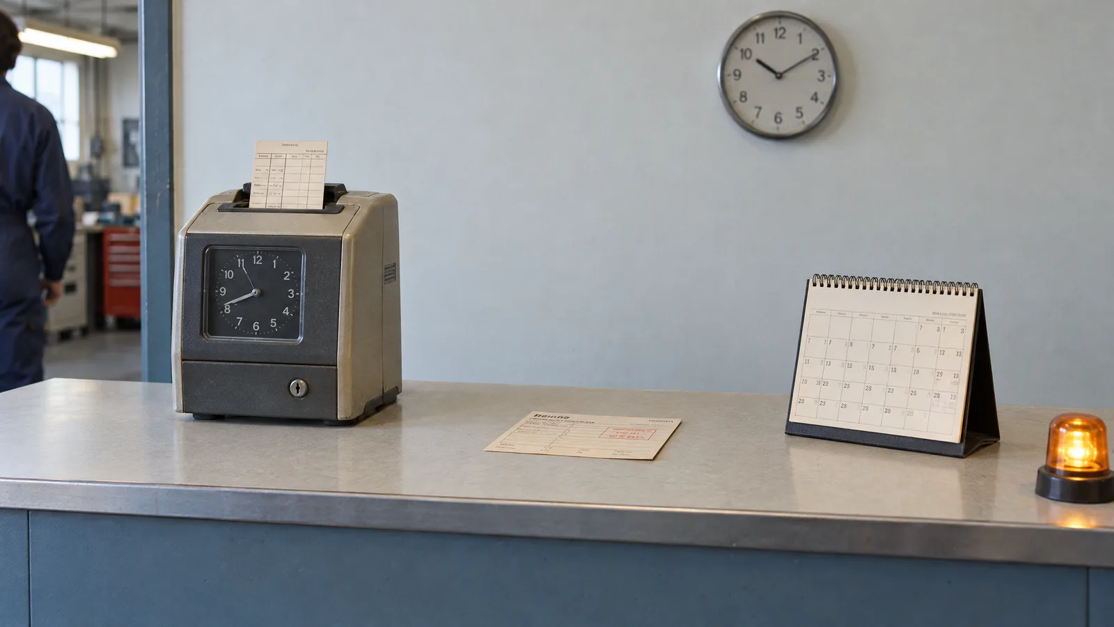 A punch clock time card and a monthly desk calendar sit on either side of a small paper ticket on a clean shop counter, with a small amber indicator lamp glowing nearby.
