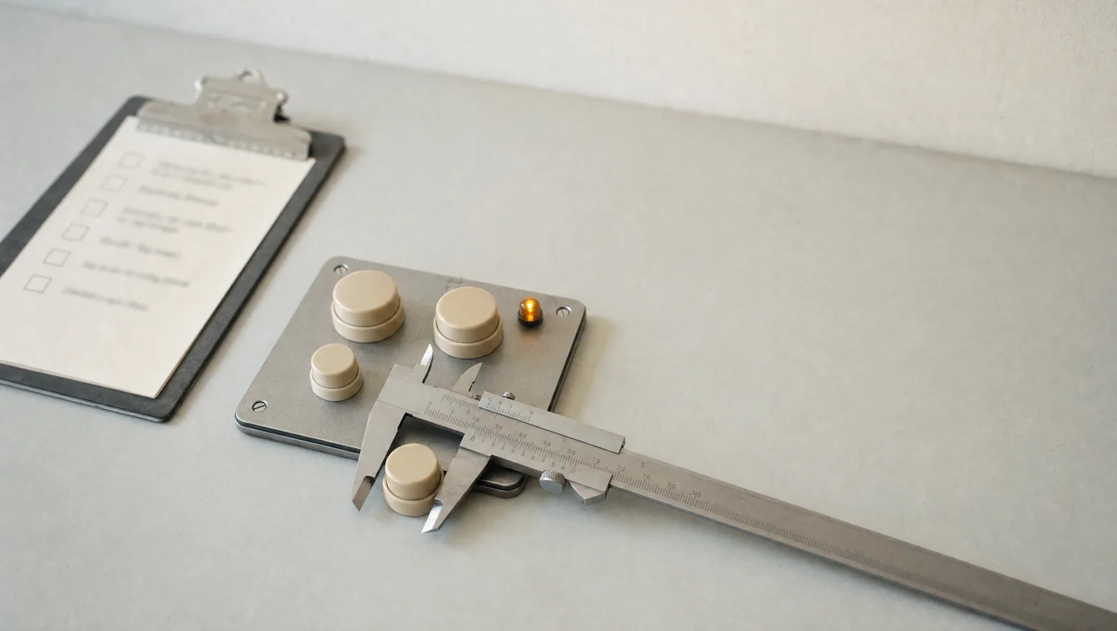 A steel caliper measuring the smallest of four beige push buttons on a test panel, next to a clipboard checklist with six empty tick boxes.