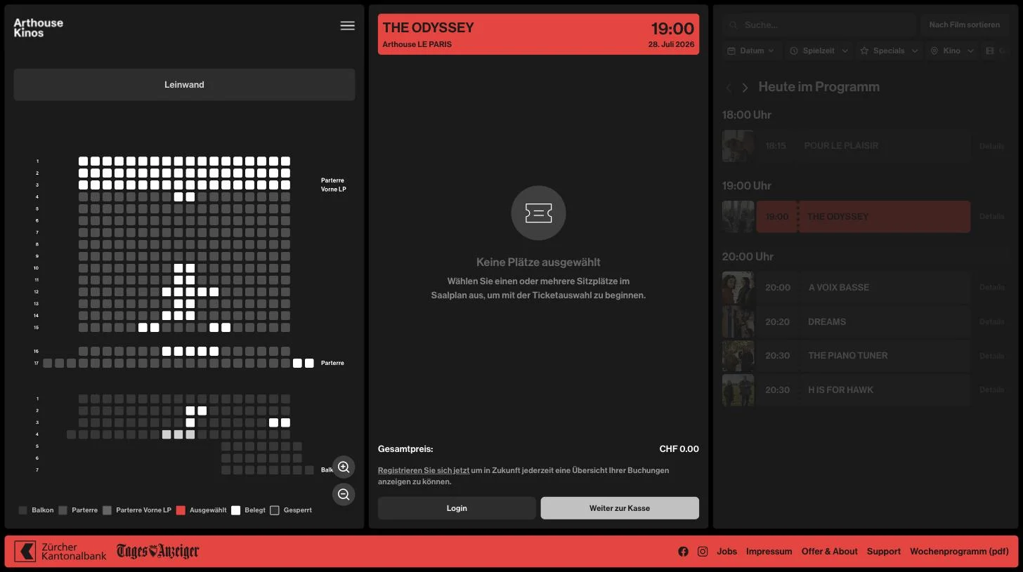 The Arthouse seat selection screen: a full seat map of the Le Paris auditorium next to an empty ticket basket.