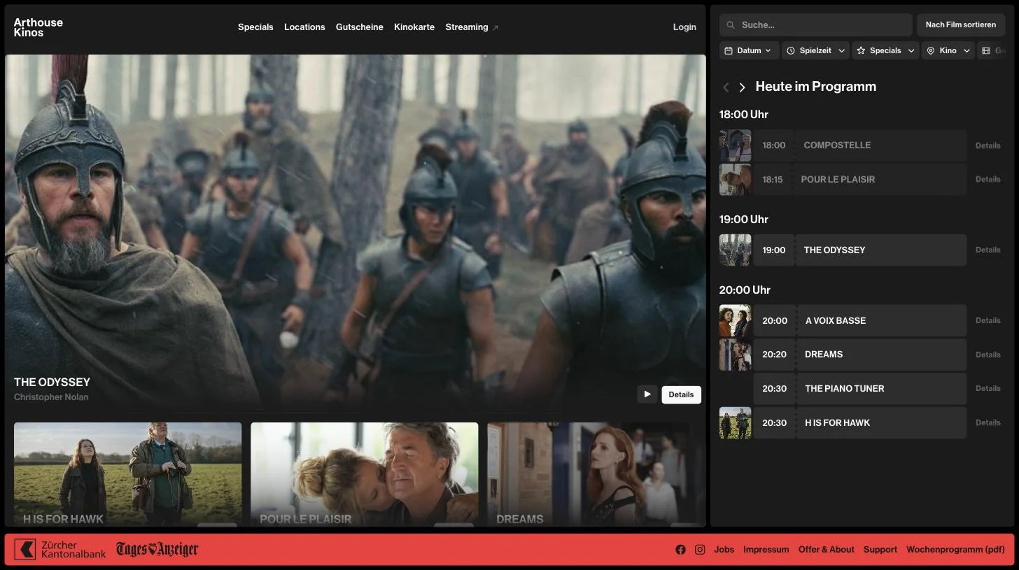 The Arthouse Kinos homepage: a full-bleed film still on the left, today's programme listed by showtime on the right.