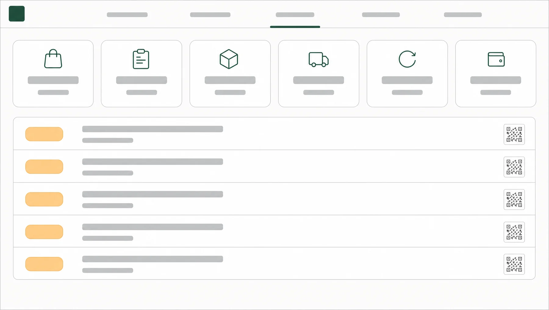 Stylised illustration of a workshop order dashboard: counters for each stage of work above a list of jobs, each with a status tag and a QR label.