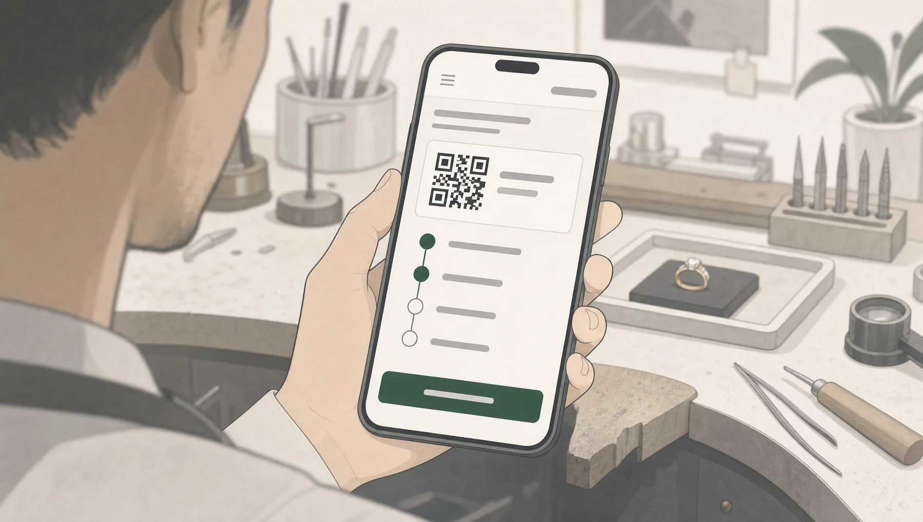 Stylised illustration of a phone at a goldsmith's workbench, showing a job being scanned and advanced through a four-step progress tracker.