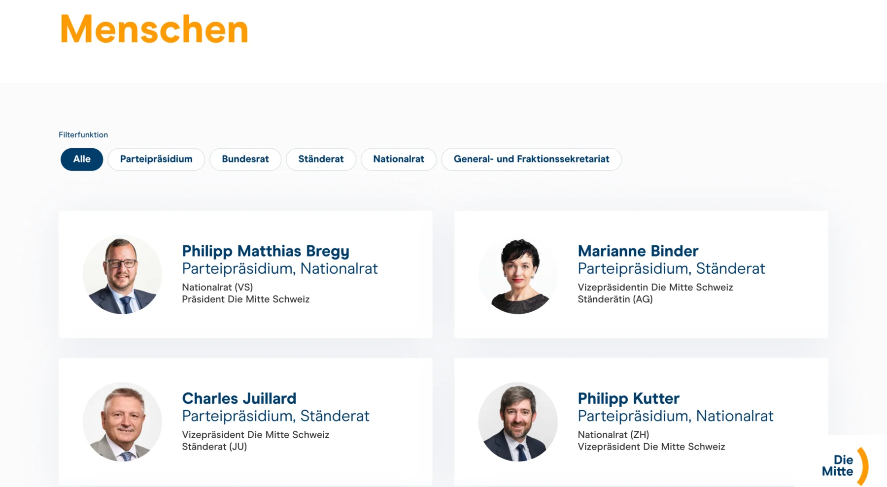 The Die Mitte people directory: filter buttons by political office above a grid of cards, each with a portrait, name and role.