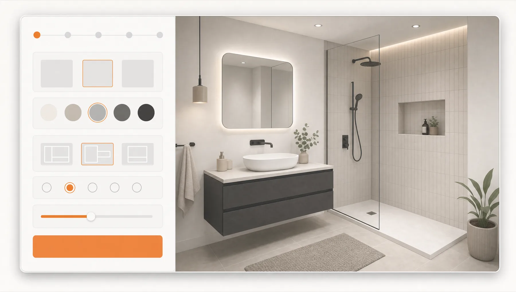 Stylised illustration of the bathroom configurator: an options panel on the left, a rendered bathroom on the right.