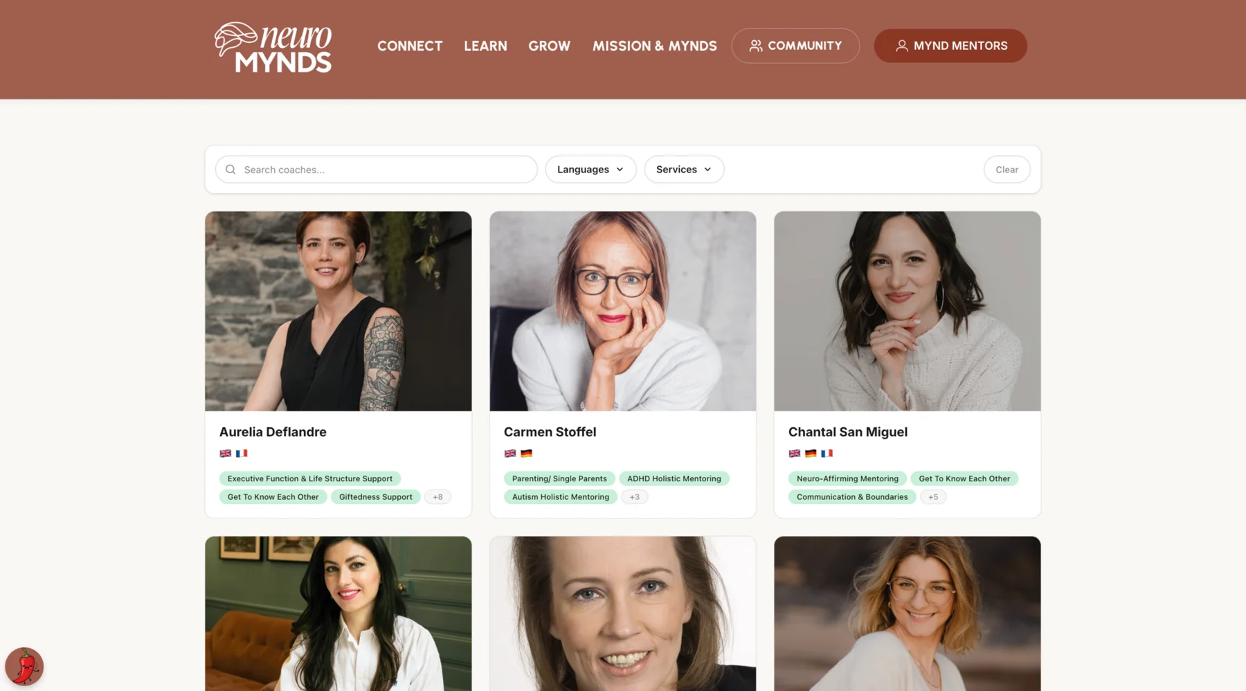 The NeuroMynds mentor directory: a search bar with language and service filters above a grid of mentor cards, each with a portrait, name, languages and speciality tags.