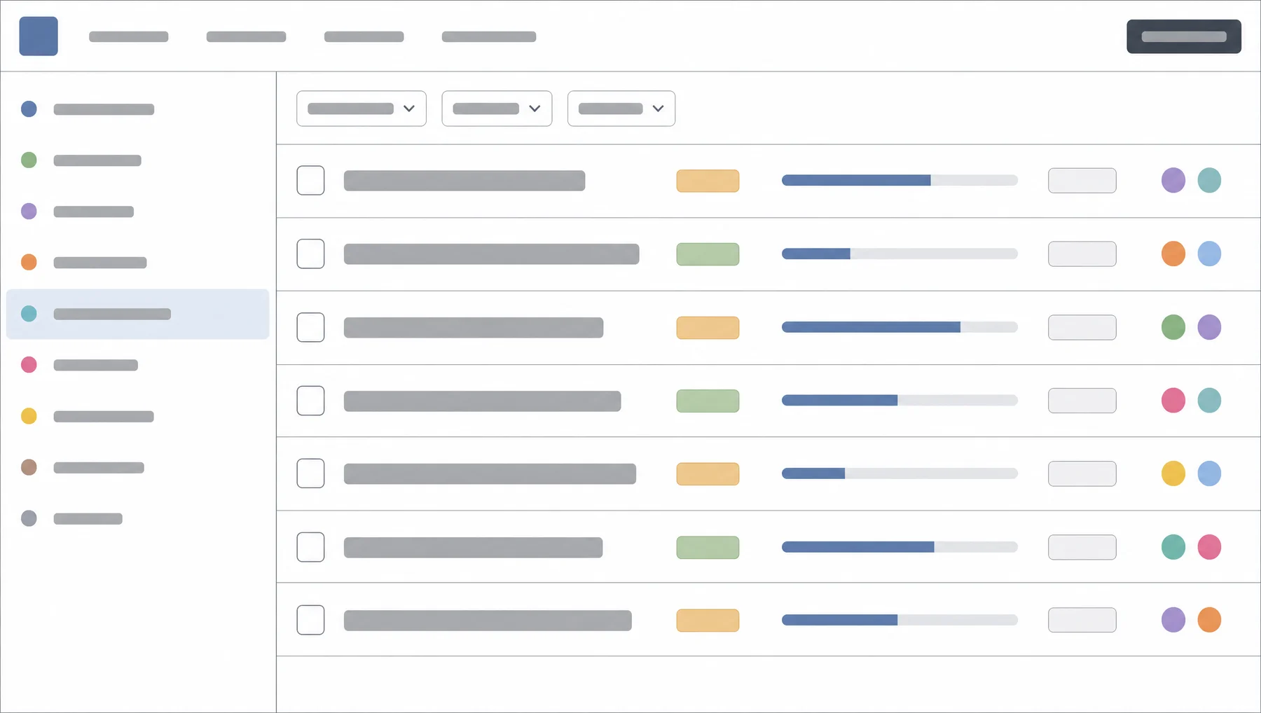 Stylised illustration of a property task manager: a list of properties down the left, and a table of tasks with status, sub-task progress, due date and assignees.